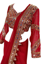 Elegant ready-to-wear faux georgette saree with real mirror work and attached pallu for wedding and festive wear