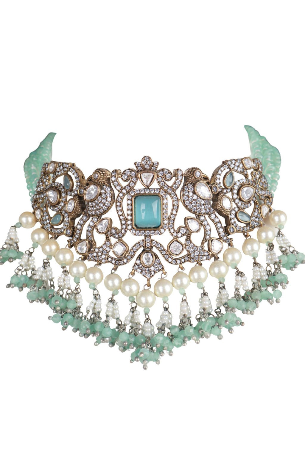 Mint Green Kundan Choker Necklace Set with Earrings Premium Ethnic Jewellery