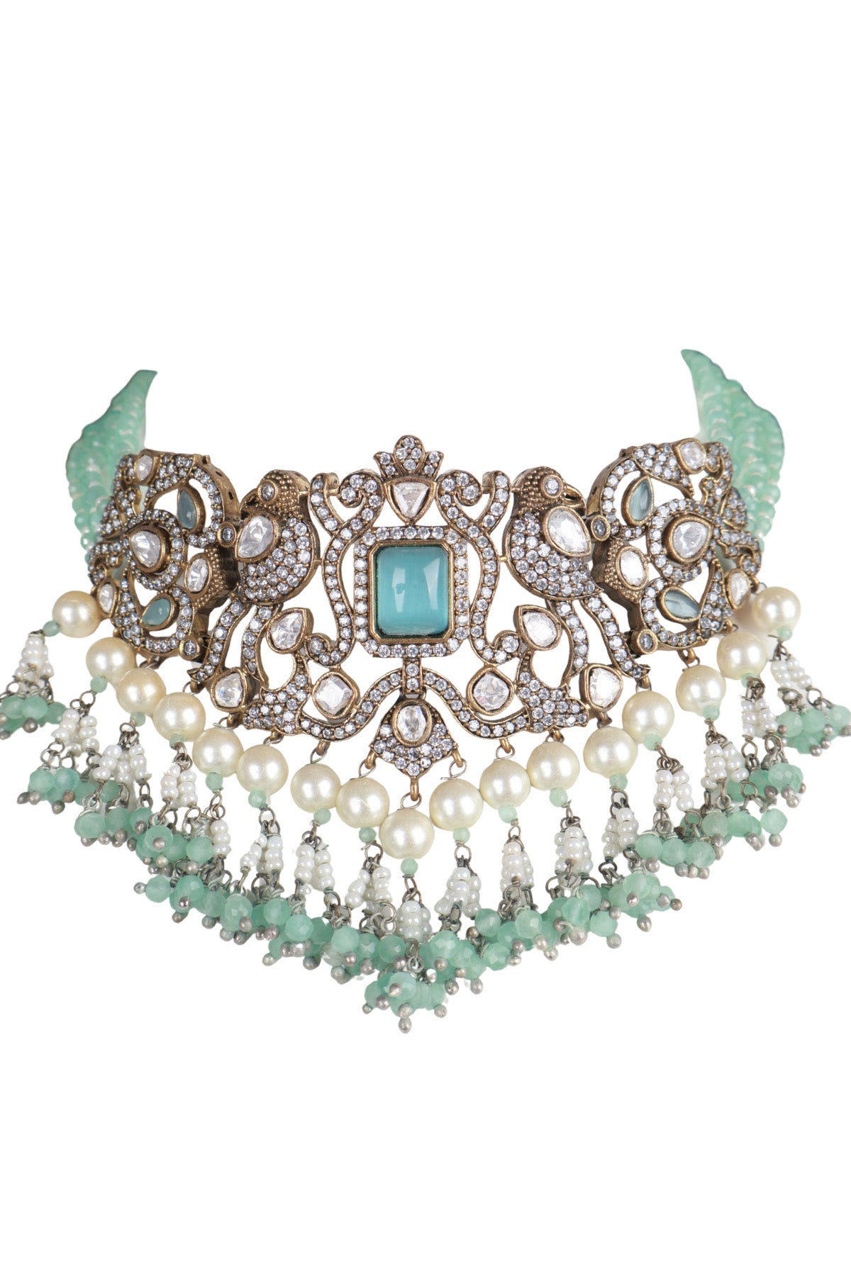 Mint Green Kundan Choker Necklace Set with Earrings Premium Ethnic Jewellery