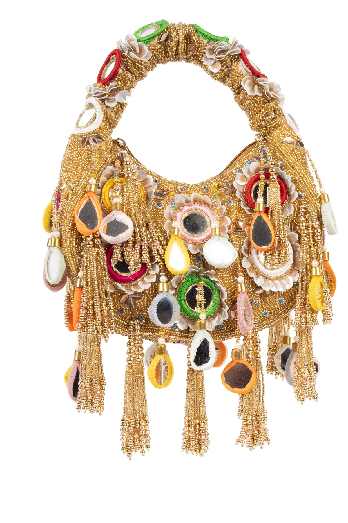 Eeth Gold Mirror Clutch Bag with Beads and Pearl Work