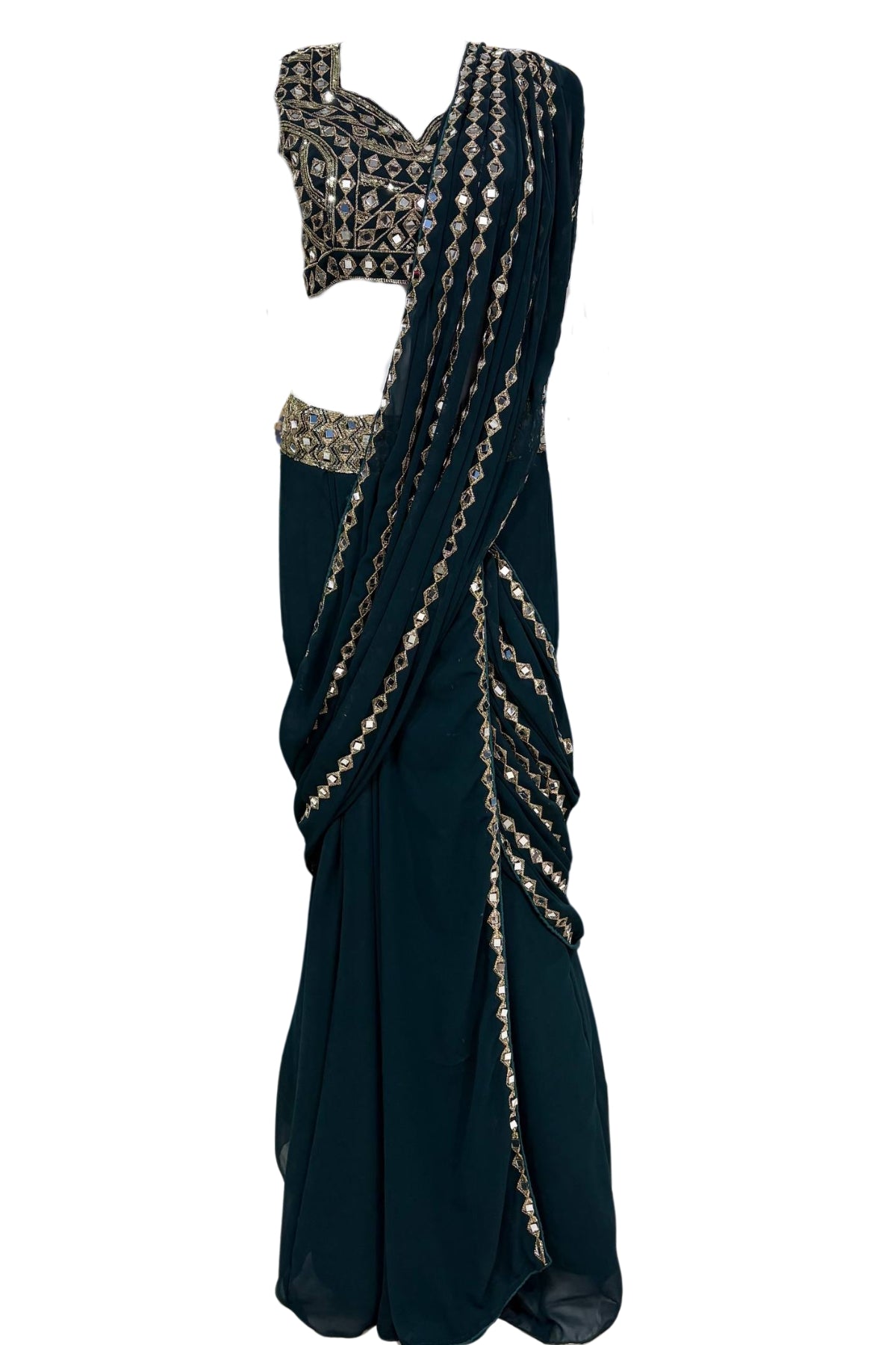 Elegant faux georgette ready-to-wear saree with real mirror work and attached pallu for wedding and festive wear
