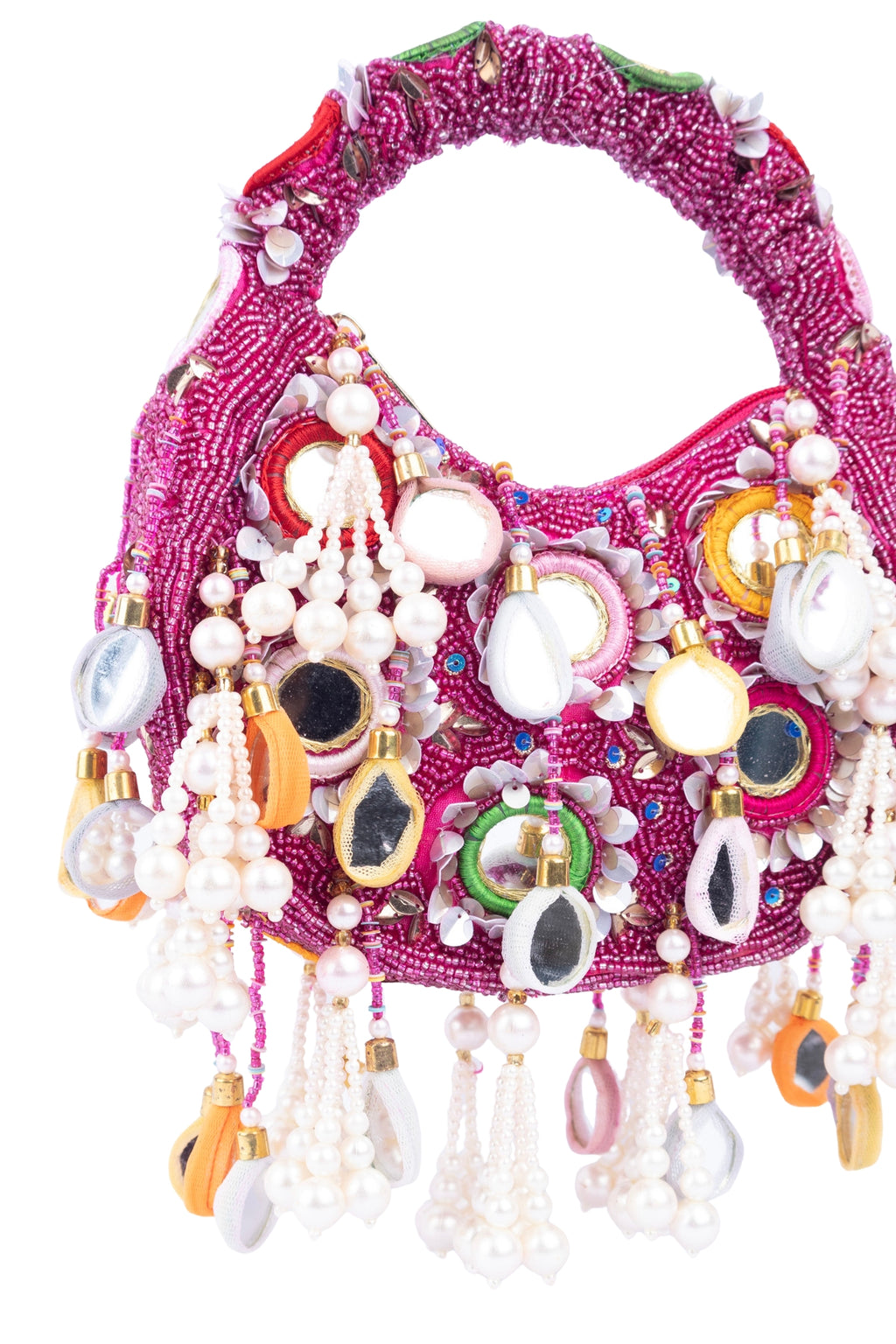 Eeth Pink Mirror Clutch Bagwith Beads and Pearl Work