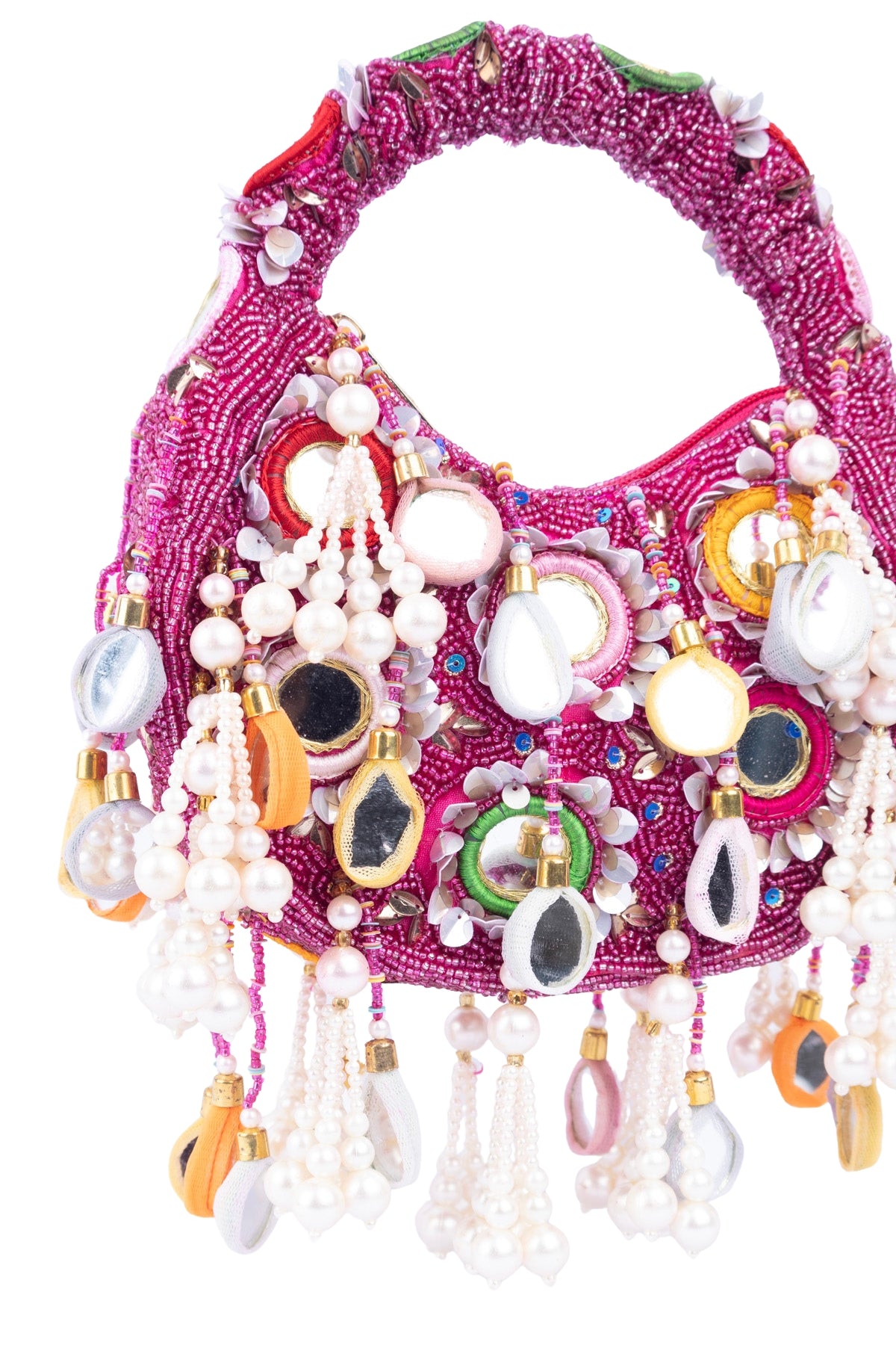 Eeth Pink Mirror Clutch Bagwith Beads and Pearl Work