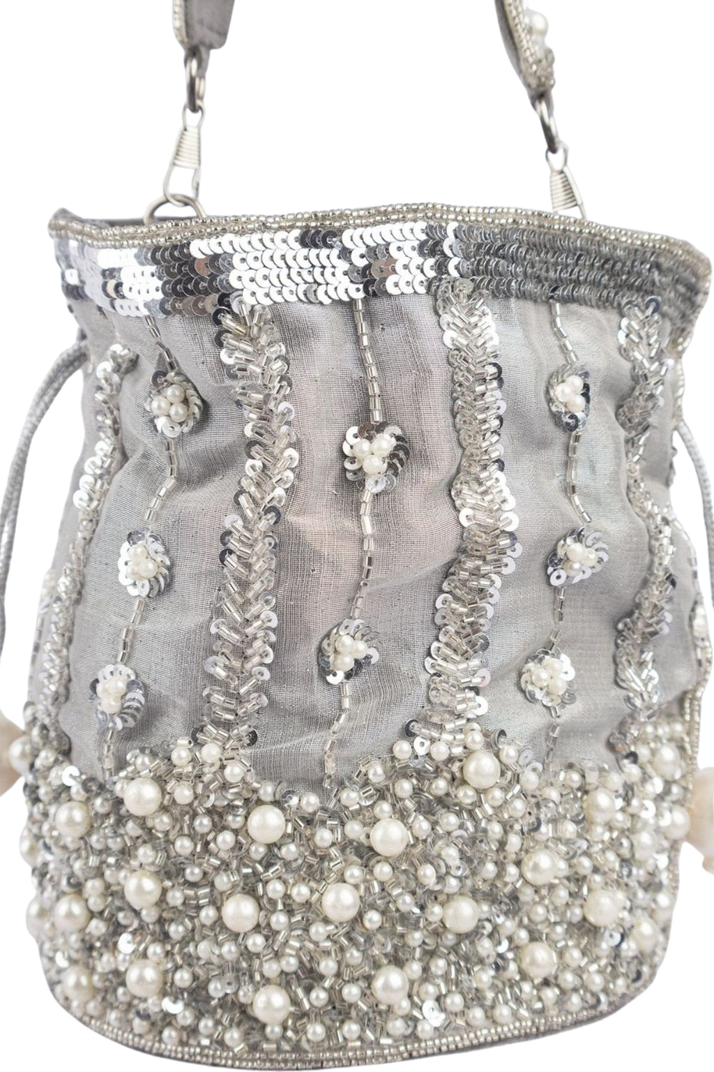 Silver potli bag with cutdana pearl and sequin embellishments on raw silk fabric with tassel for wedding and festive wear