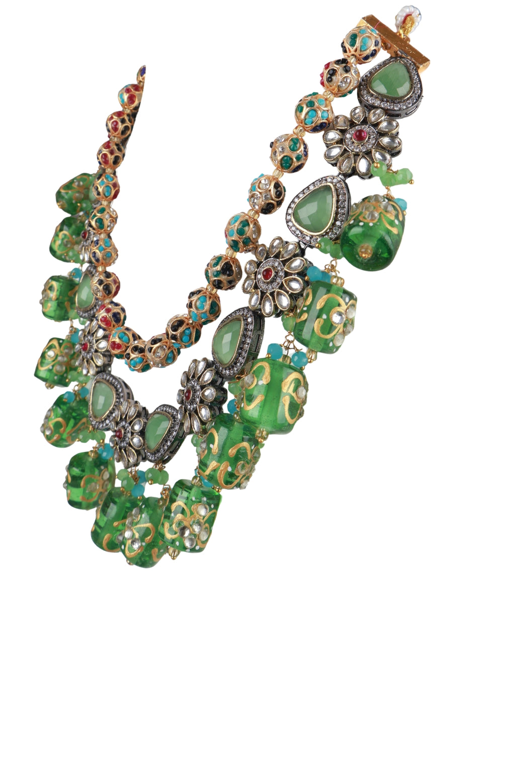 Green Kundan Choker Necklace Set with Beaded Drops & Earrings