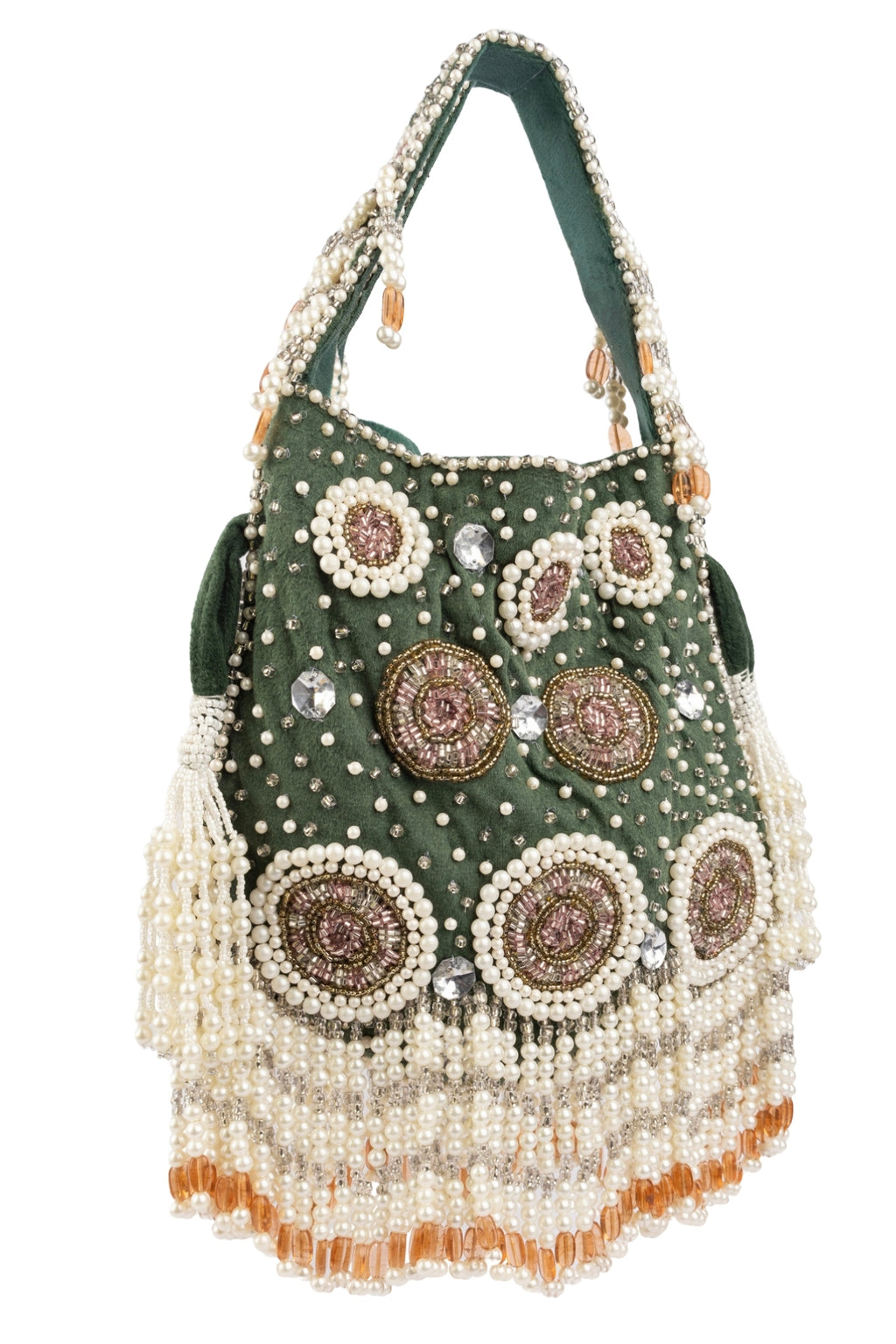 Emerald Green Velvet Pearl & Cut Dana Work Potli Bag
