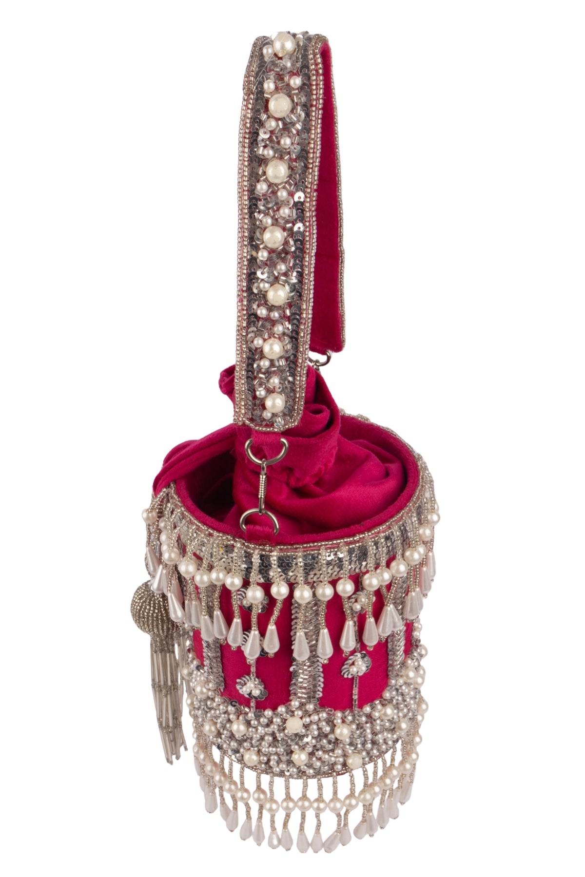 Rani Pink Net Cutdana & Pearl Embellished Potli Bag