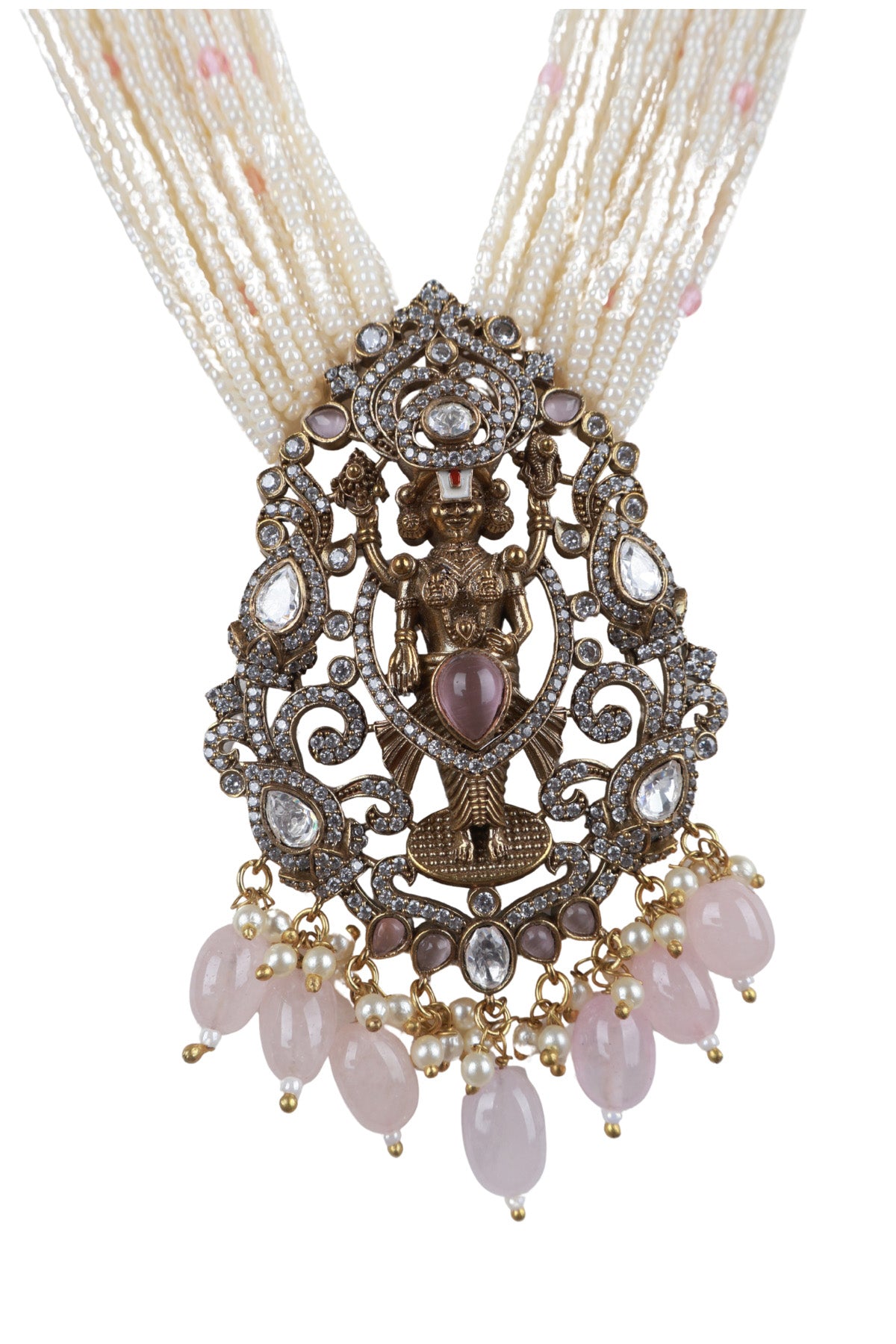 Ivory Pearl Multi-Layer Bridal Choker Necklace Set with Antique Pendant & Earrings