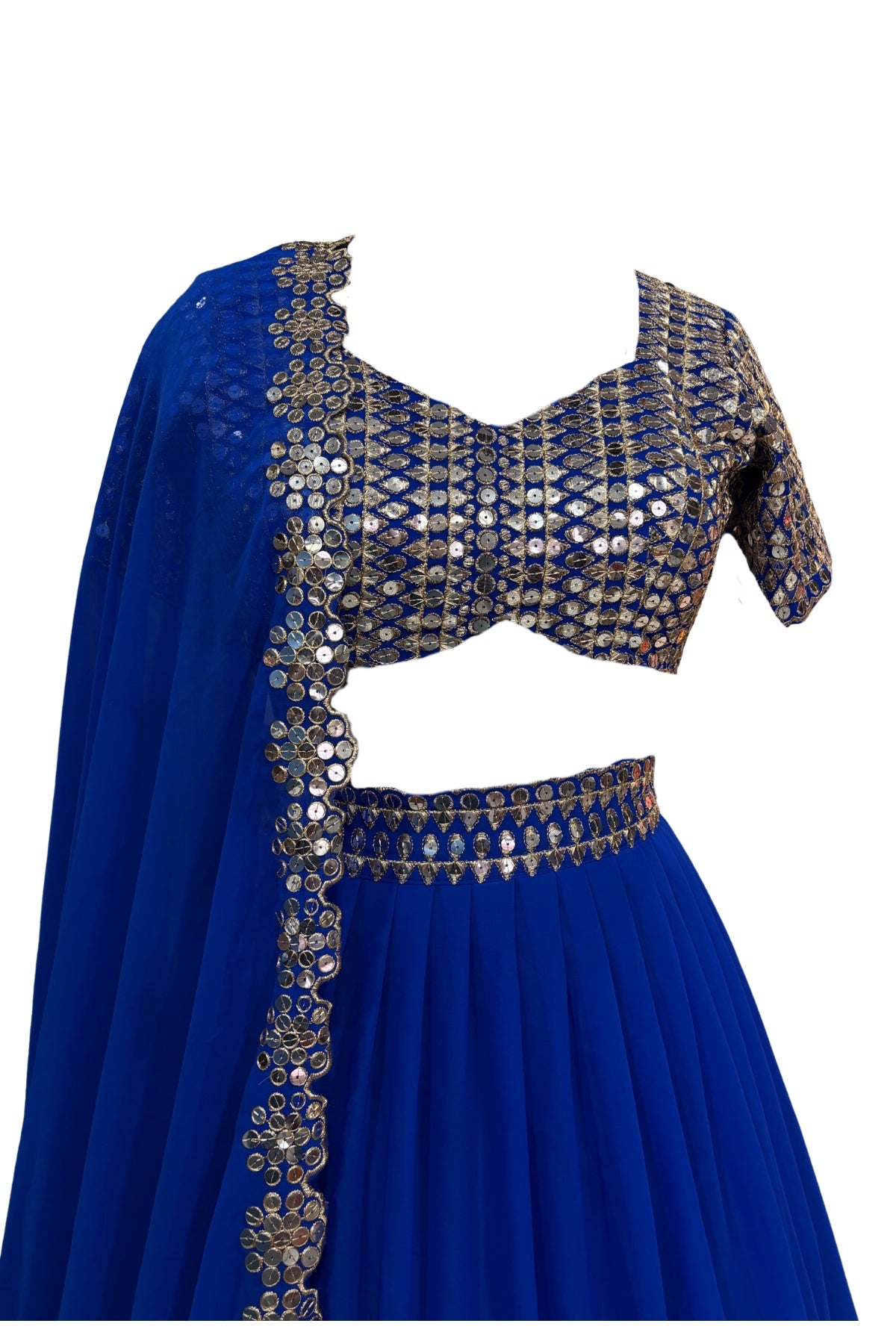 Elegant fox georgette 4 meter flared lehenga with sequins cut work, can-can layers and dupatta for wedding and party wear