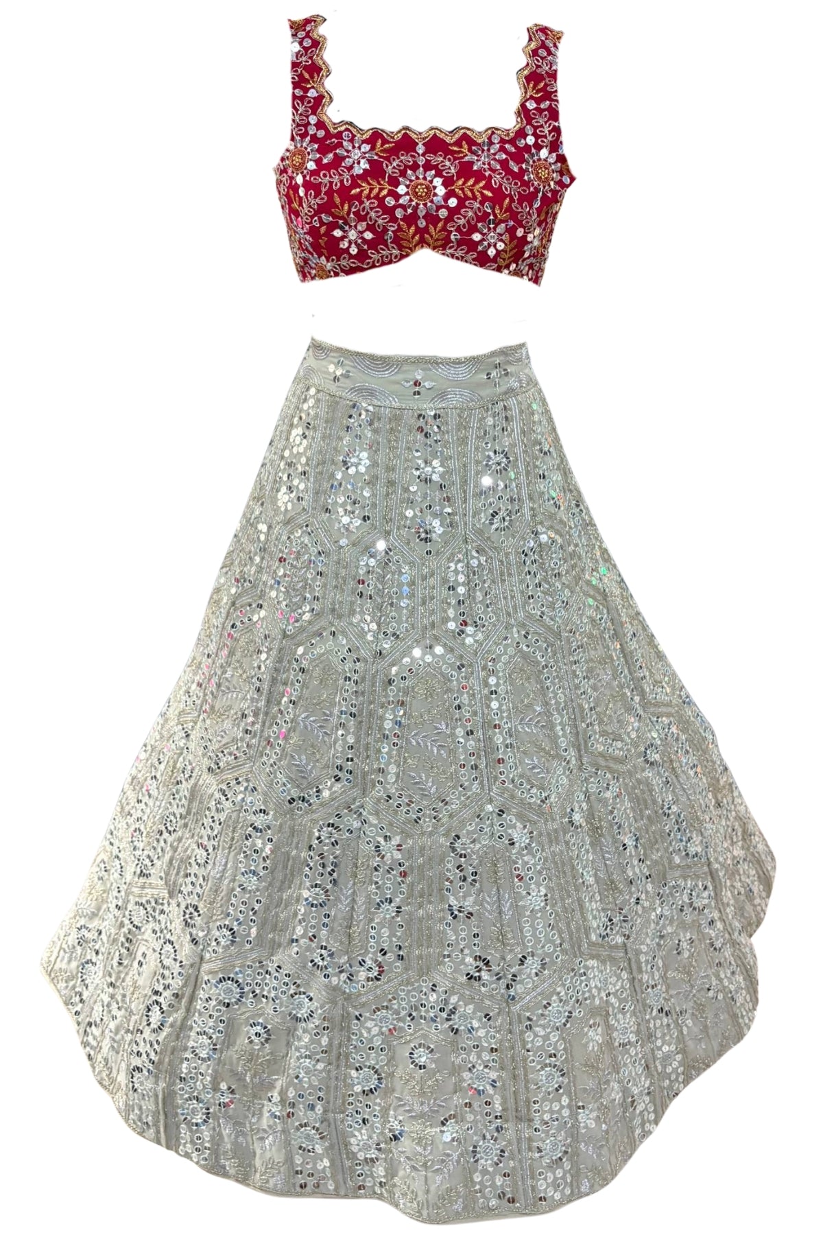 Elegant faux georgette flared lehenga with sequins embroidery, can-can layers and dupatta for wedding and festive wear