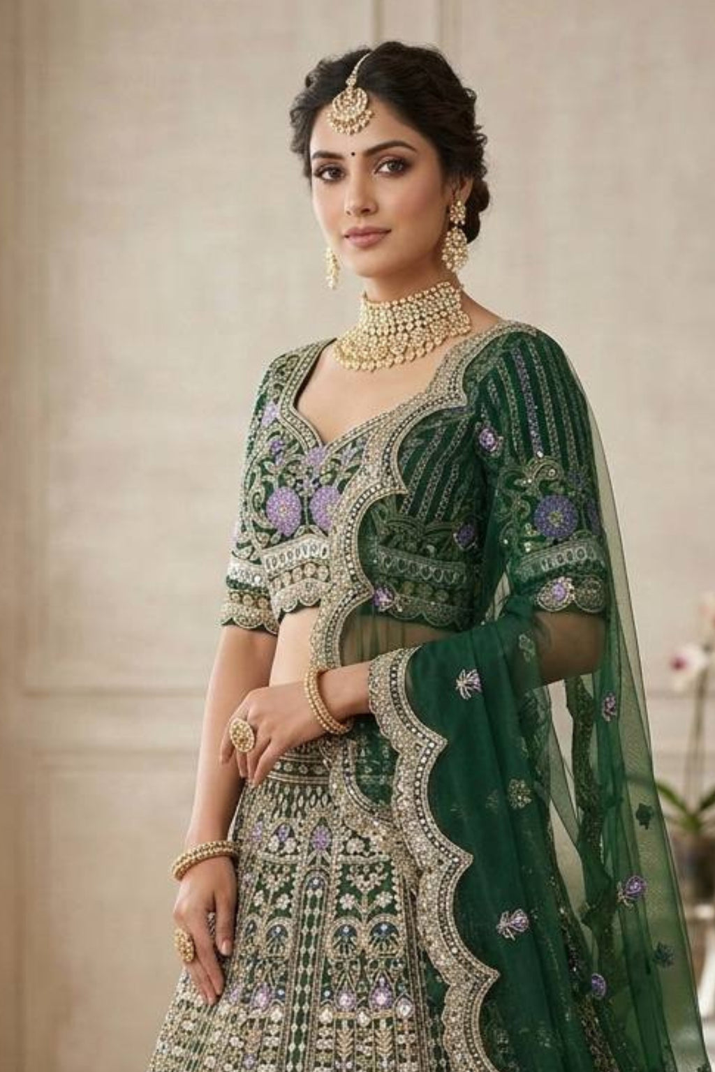 Flared mono satin silk lehenga with sequins cut work can-can layers blouse and dupatta for wedding and festive wear