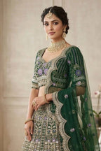 Flared mono satin silk lehenga with sequins cut work can-can layers blouse and dupatta for wedding and festive wear