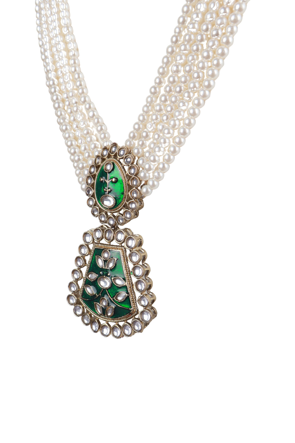 Green Stone Pearl Multi-Layer Necklace Set with Pendant Earrings