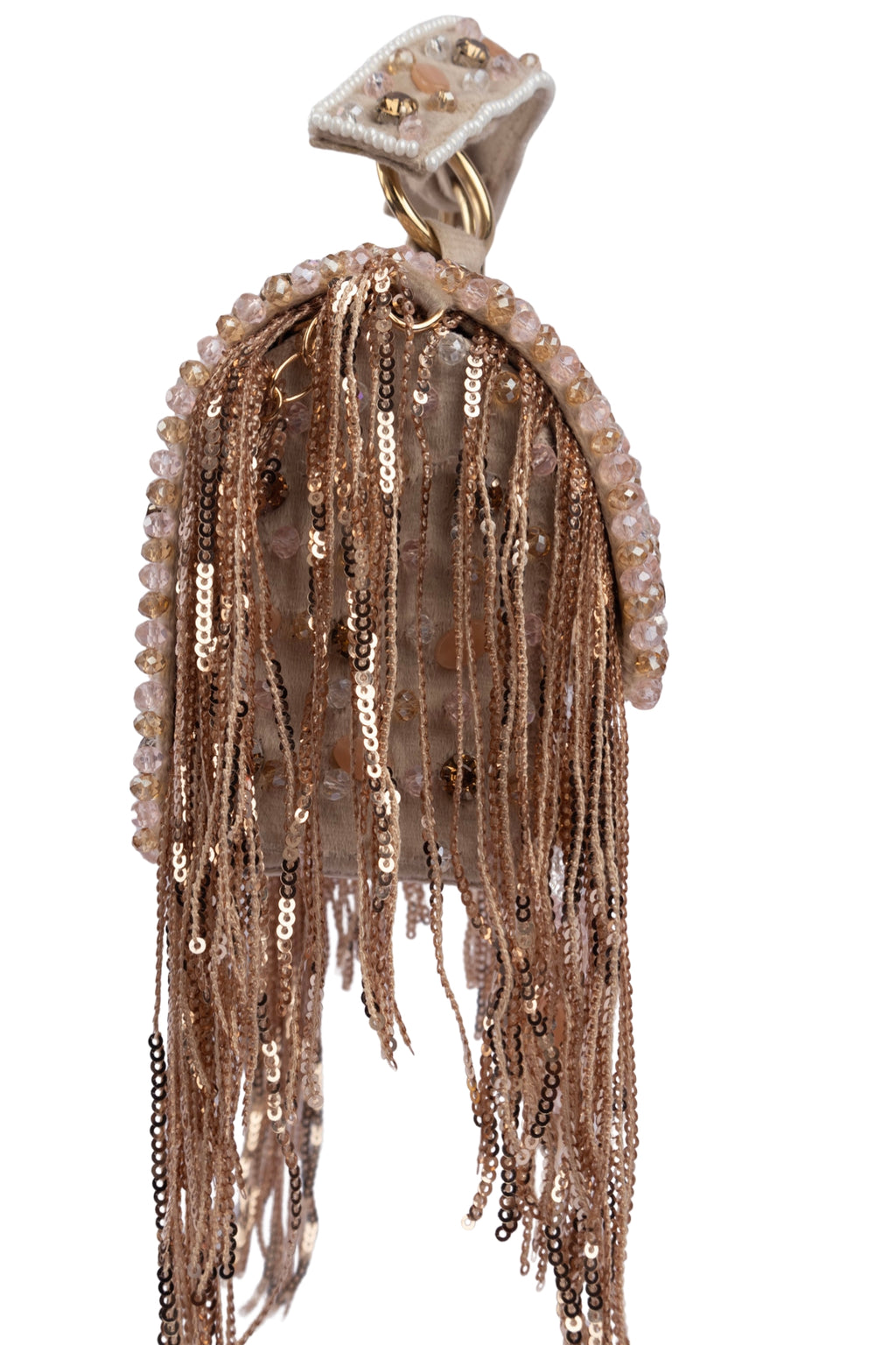 Beige Hand Embellished Clutch Bag with Crystal Work