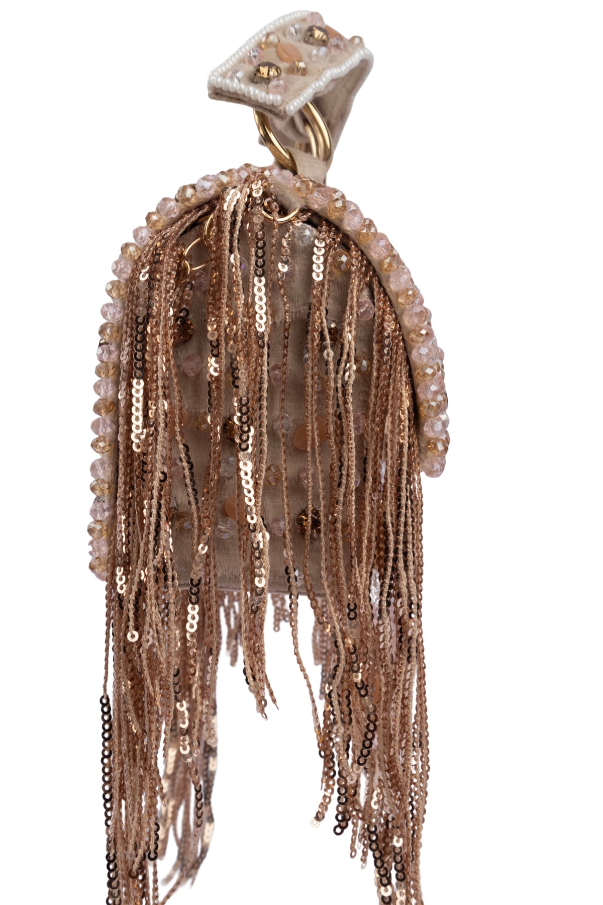 Beige Hand Embellished Clutch Bag with Crystal Work