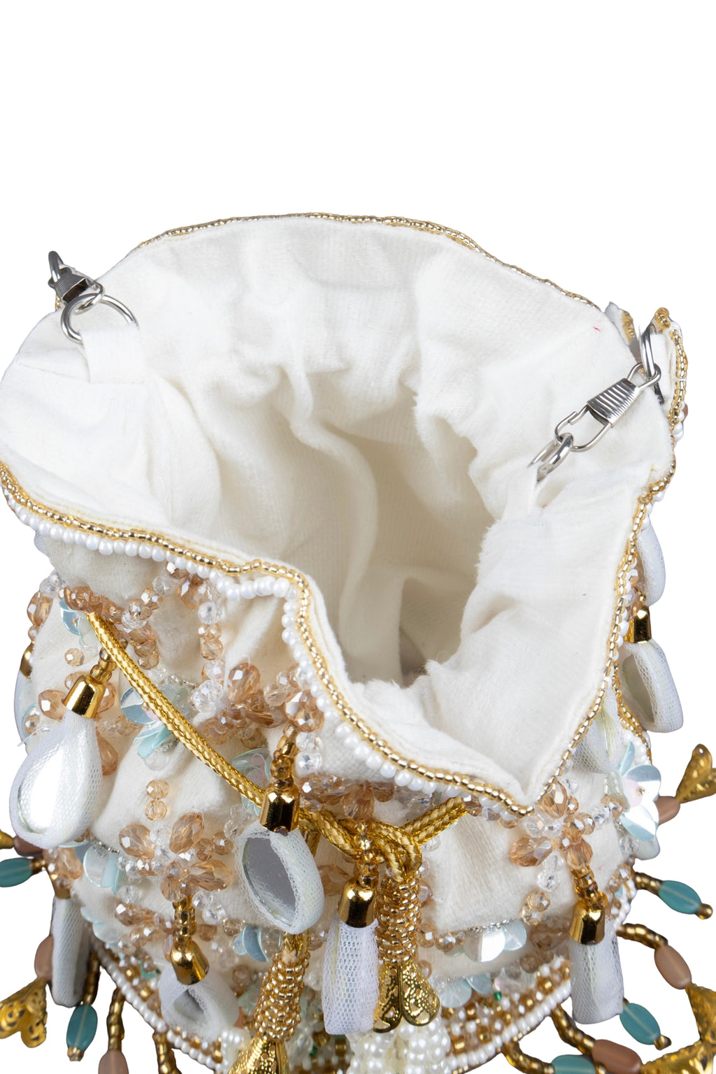 Ivory Velvet Potli Bag with MirrorSequin & Crystal Work
