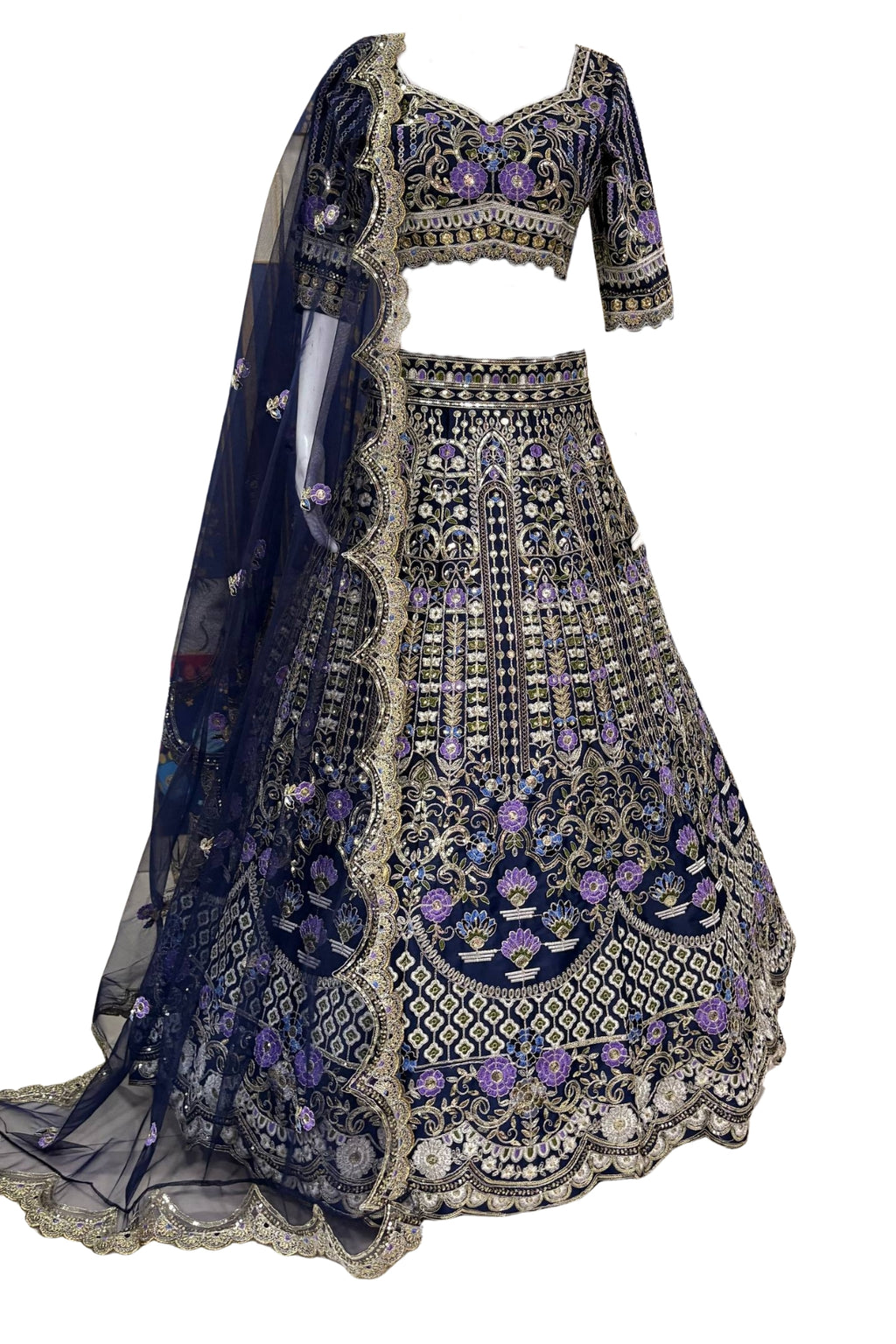 Mono satin silk flared lehenga with sequins cut work can-can layers unstitched blouse and dupatta for wedding and festive wear