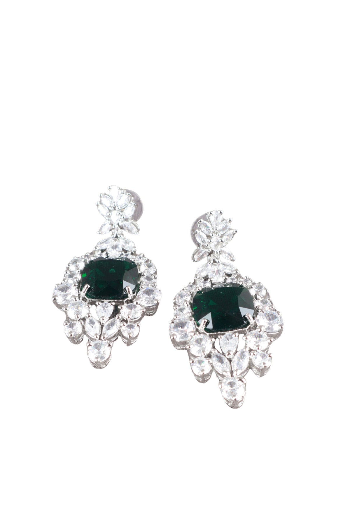 Emerald Green Cushion CZ Silver Drop Earrings Statement Jewellery