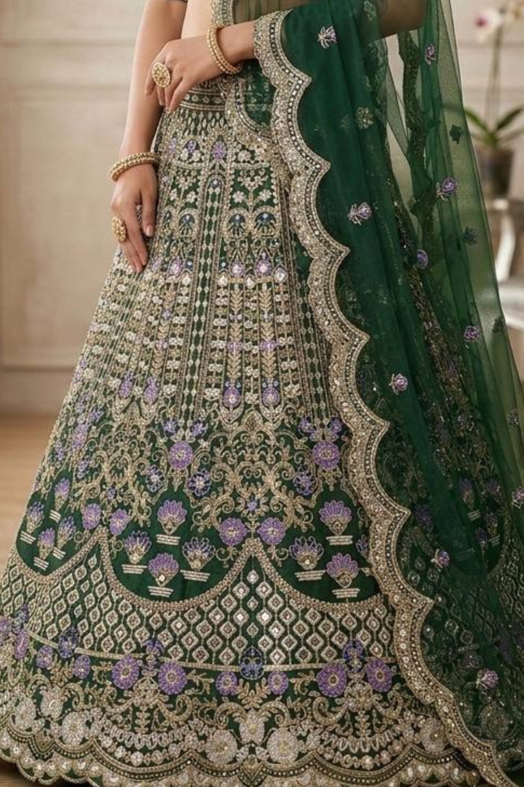 Flared mono satin silk lehenga with sequins cut work can-can layers blouse and dupatta for wedding and festive wear