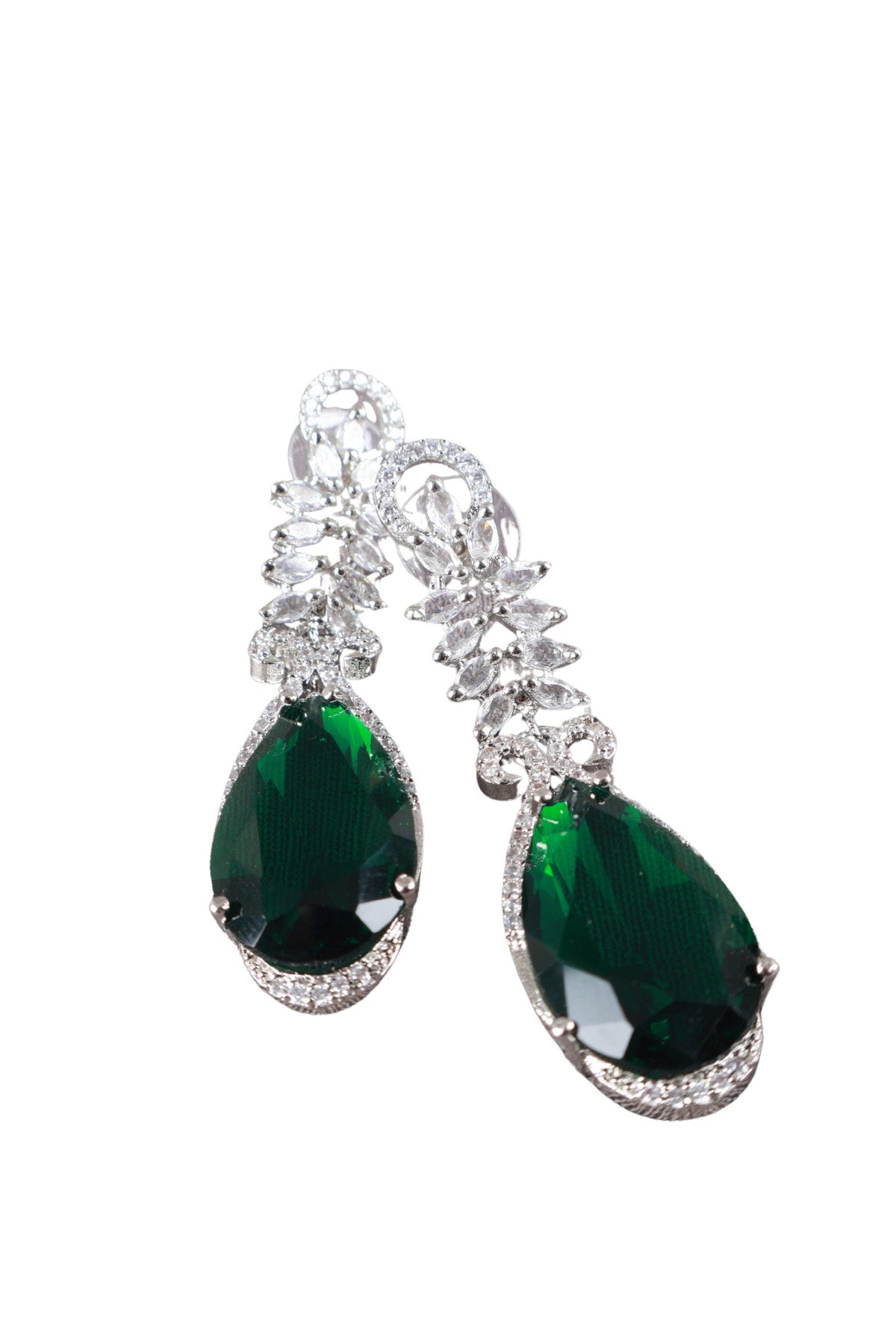 Dark Emerald Teardrop Silver CZ Drop Earrings Evening Jewellery