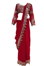 Elegant ready-to-wear faux georgette saree with real mirror work and attached pallu for wedding and festive wear