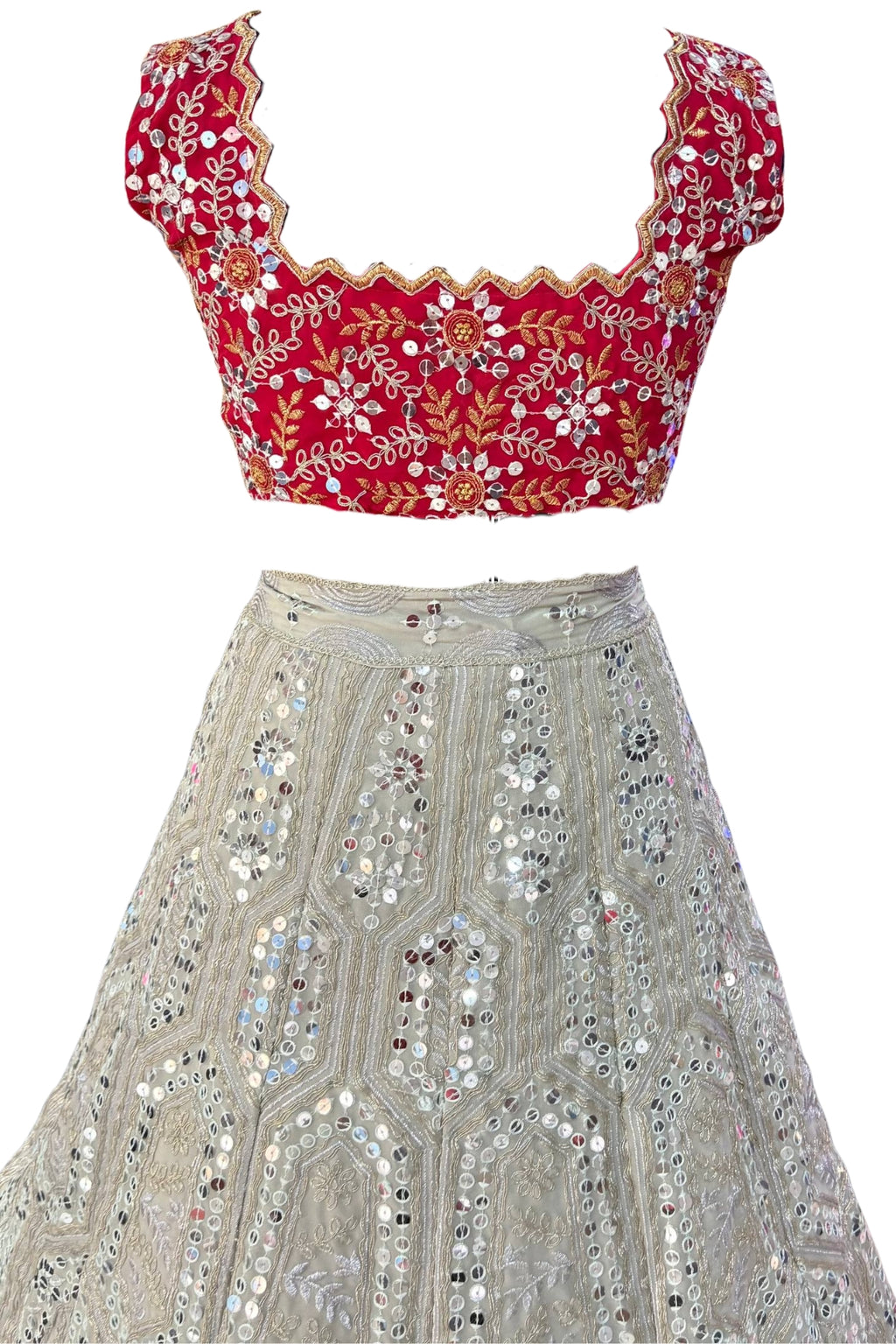 Elegant faux georgette flared lehenga with sequins embroidery, can-can layers and dupatta for wedding and festive wear