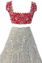 Elegant faux georgette flared lehenga with sequins embroidery, can-can layers and dupatta for wedding and festive wear
