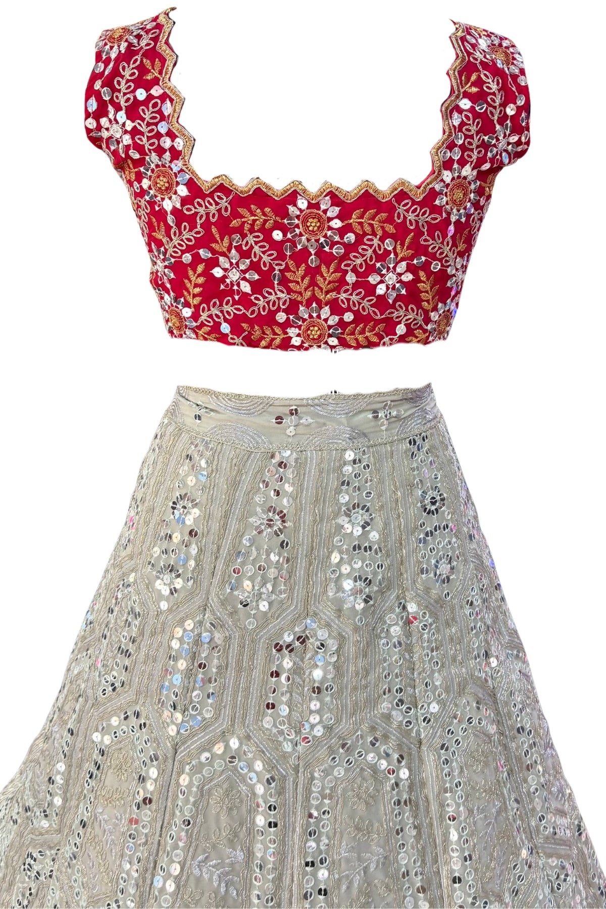 Elegant faux georgette flared lehenga with sequins embroidery, can-can layers and dupatta for wedding and festive wear