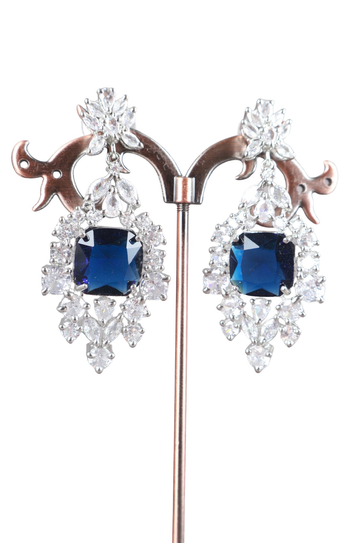 Navy Blue Cushion CZ Silver Drop Earrings Cocktail Jewellery