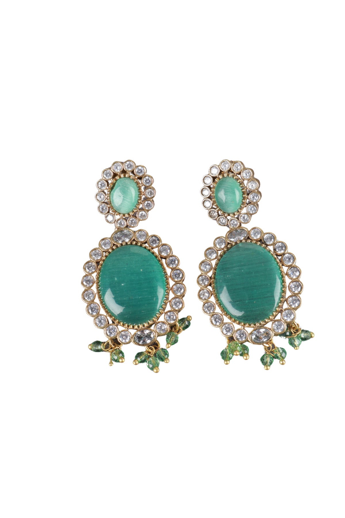 Green Stone Statement Gold-Plated Choker Necklace Set with Earrings