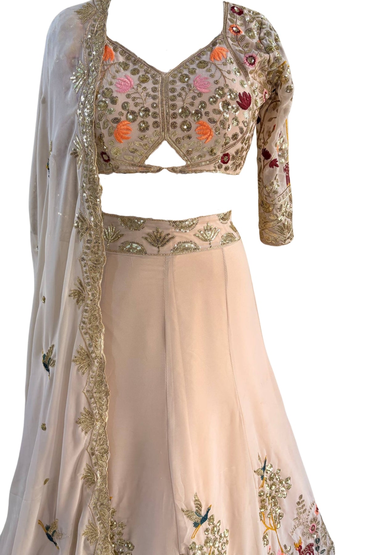 Beige flared faux georgette embroidered lehenga set for wedding and party wear