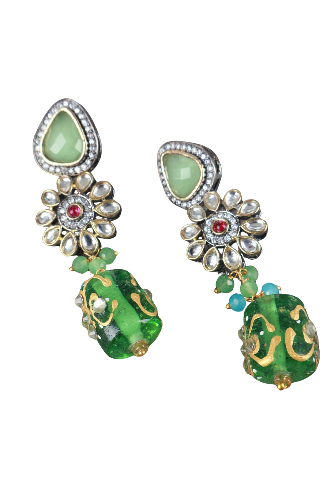 Green Kundan Choker Necklace Set with Beaded Drops & Earrings