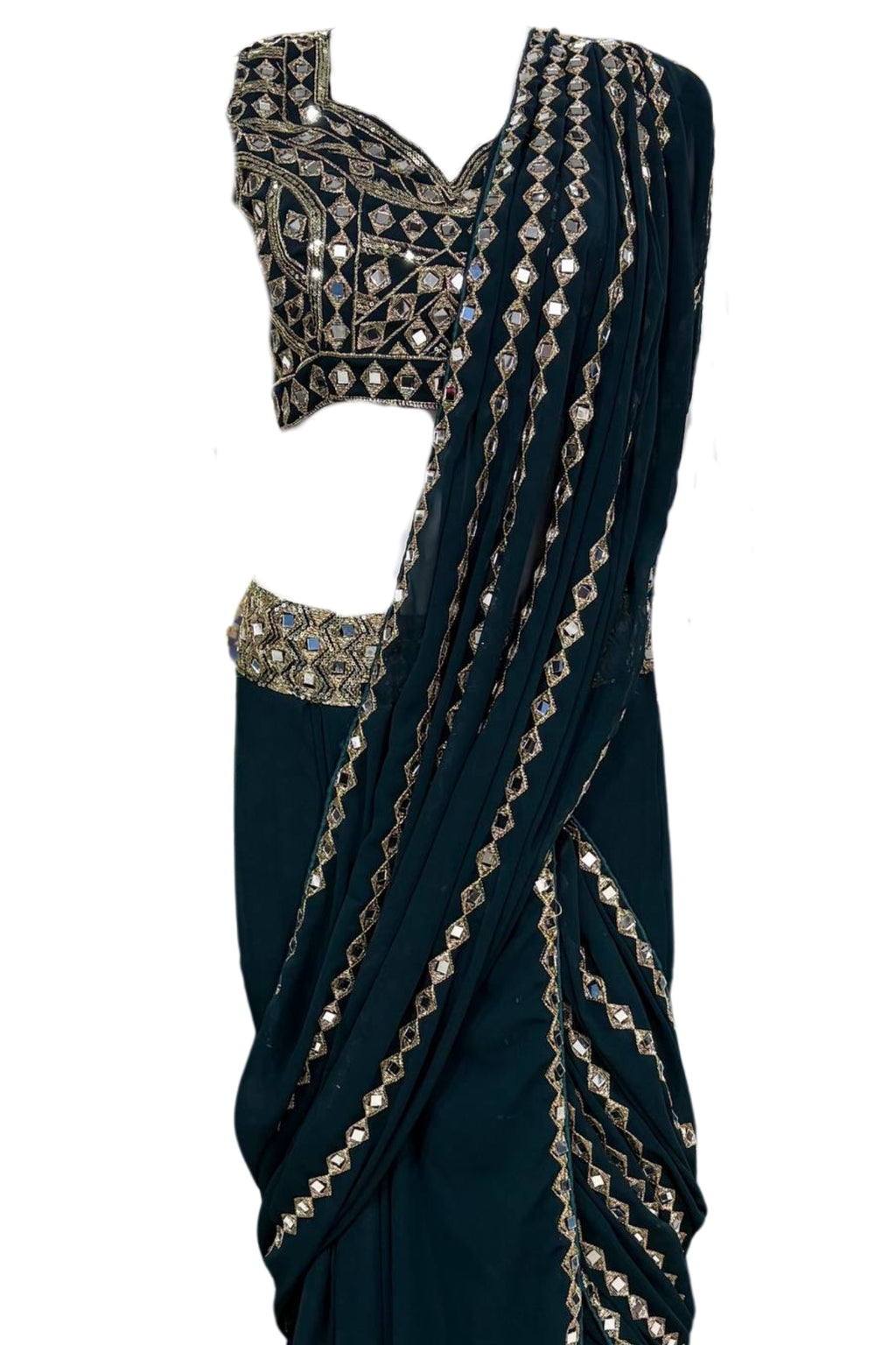 Elegant faux georgette ready-to-wear saree with real mirror work and attached pallu for wedding and festive wear

