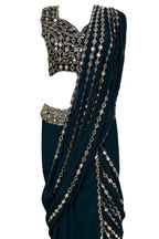 Elegant faux georgette ready-to-wear saree with real mirror work and attached pallu for wedding and festive wear

