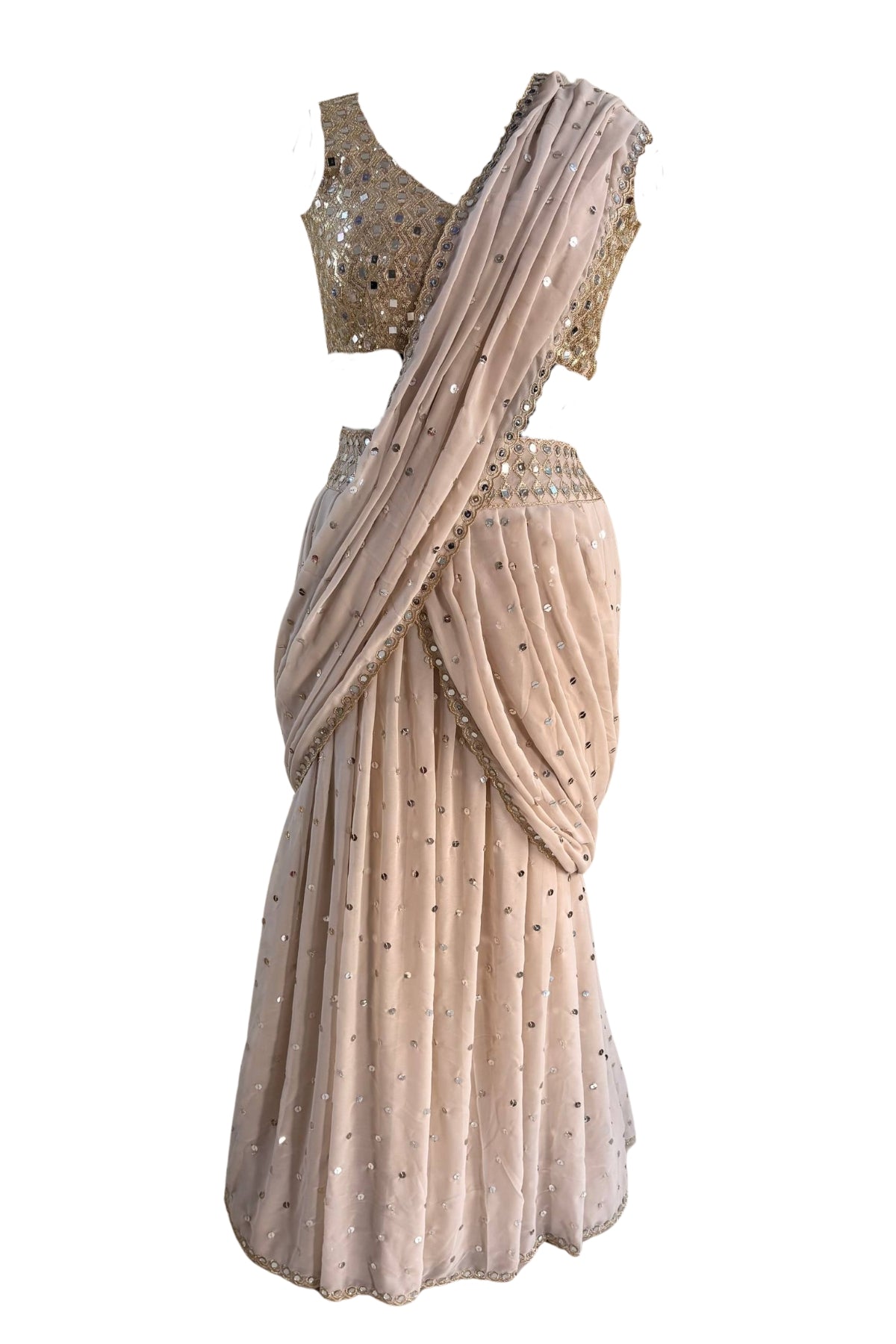 Elegant mirror work faux georgette ready-to-wear saree for wedding and party wear