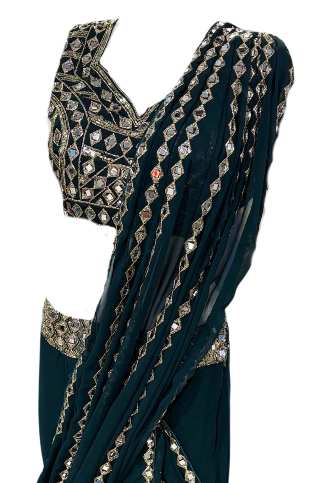 Elegant faux georgette ready-to-wear saree with real mirror work and attached pallu for wedding and festive wear