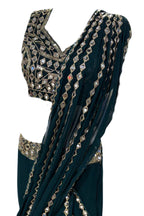 Elegant faux georgette ready-to-wear saree with real mirror work and attached pallu for wedding and festive wear