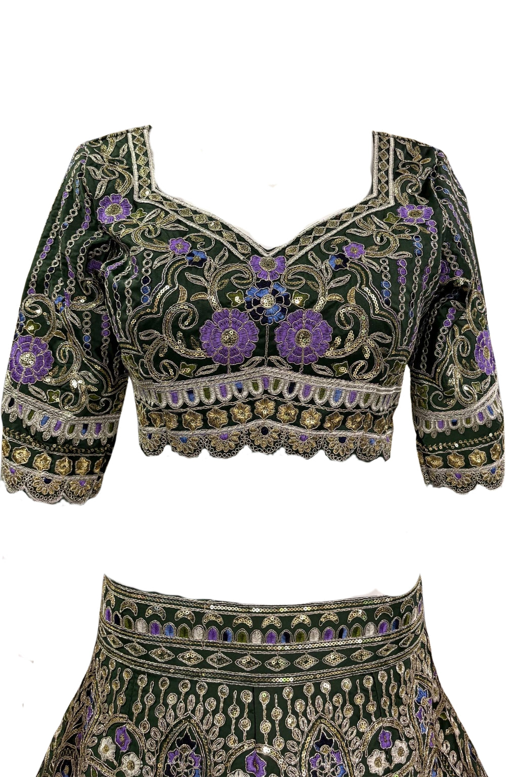Flared mono satin silk lehenga with sequins cut work can-can layers blouse and dupatta for wedding and festive wear