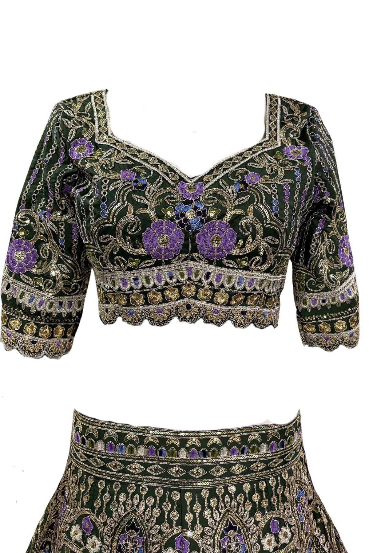 Flared mono satin silk lehenga with sequins cut work can-can layers blouse and dupatta for wedding and festive wear