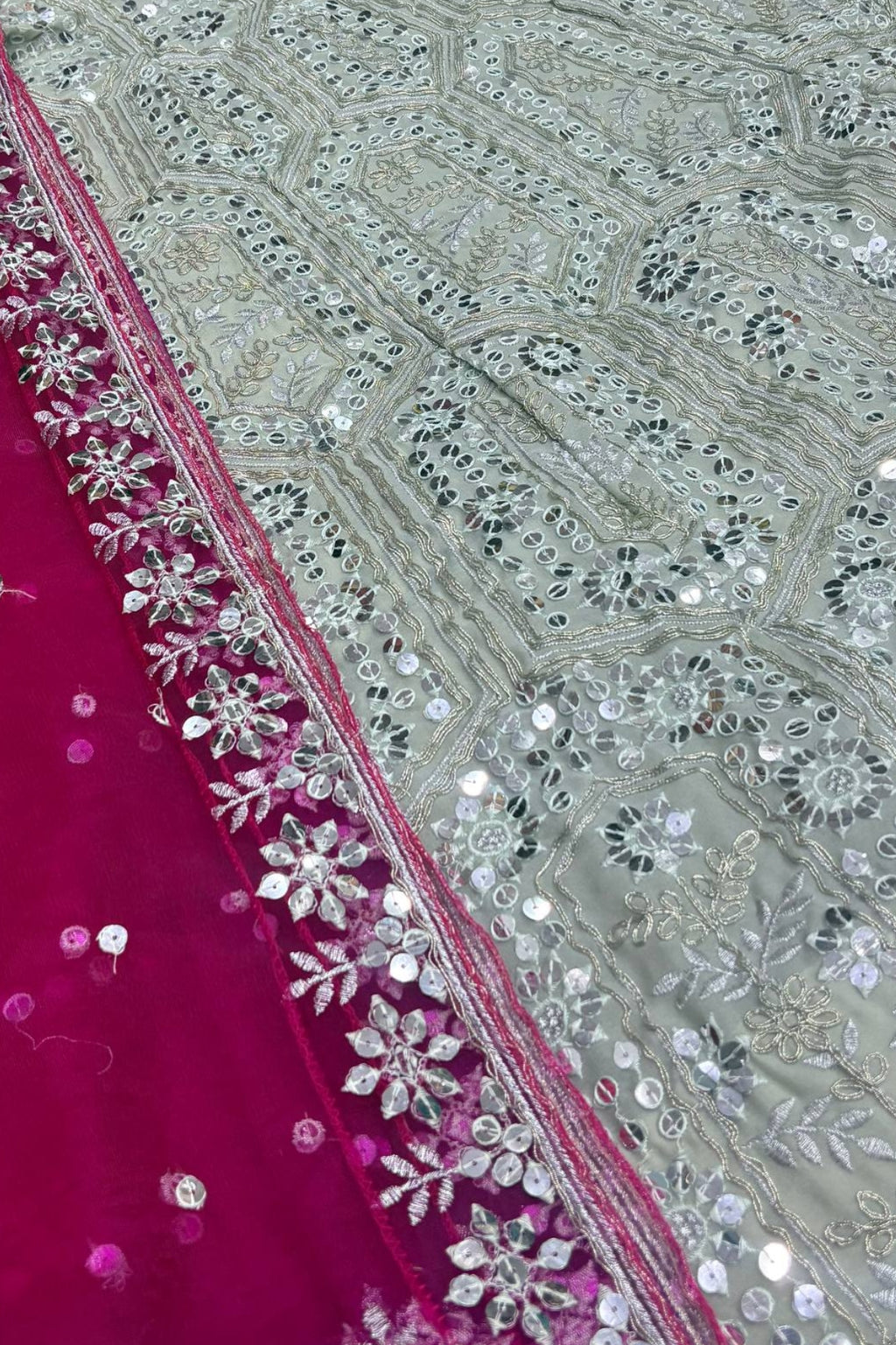 Elegant faux georgette flared lehenga with sequins embroidery, can-can layers and dupatta for wedding and festive wear