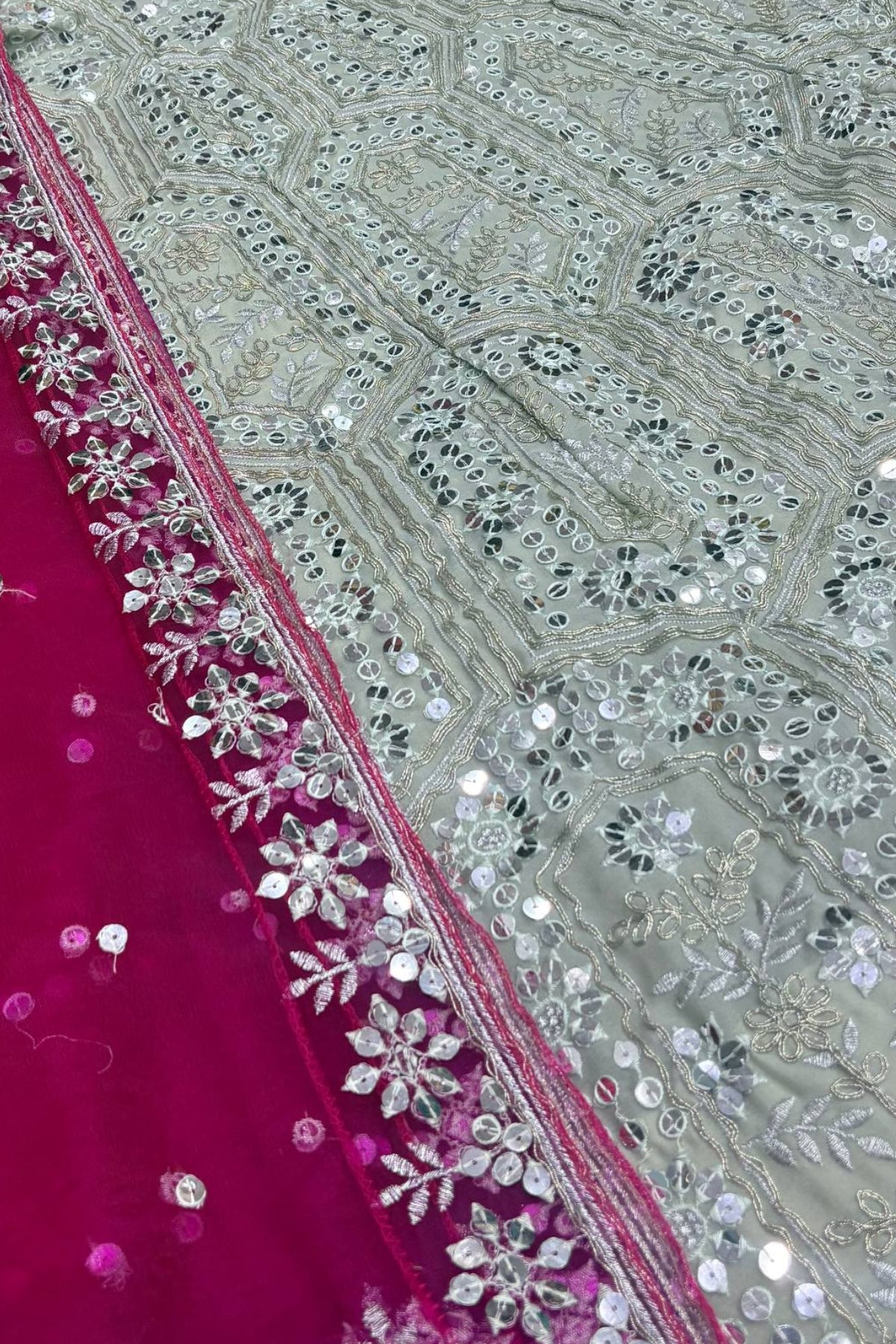 Elegant faux georgette flared lehenga with sequins embroidery, can-can layers and dupatta for wedding and festive wear
