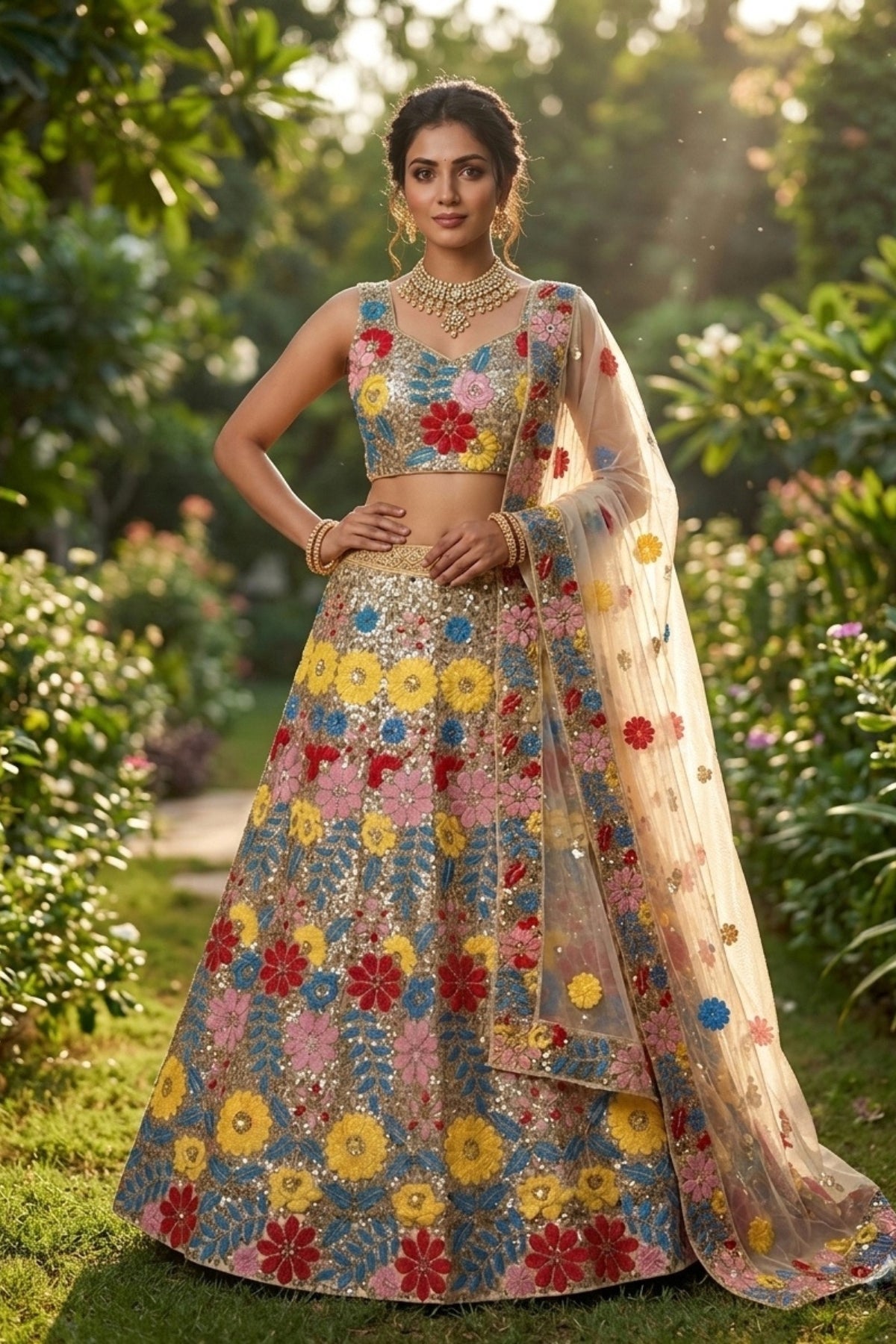 Semi-Stitched Soft Mono Net Heavy Sequins Embroidered Lehenga