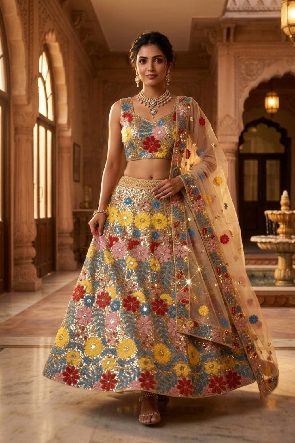 Semi-Stitched Soft Mono Net Heavy Sequins Embroidered Lehenga