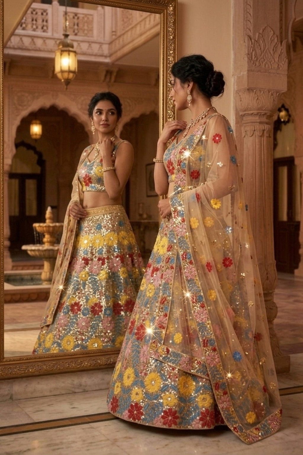 Semi-Stitched Soft Mono Net Heavy Sequins Embroidered Lehenga
