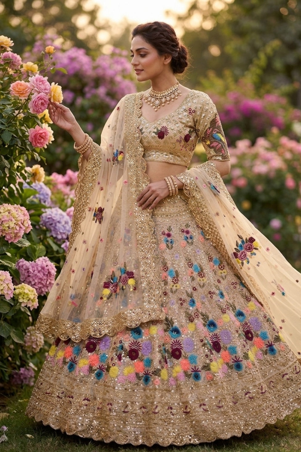 Semi-Stitched Champagne Gold Floral Embroidered Sequins Lehenga