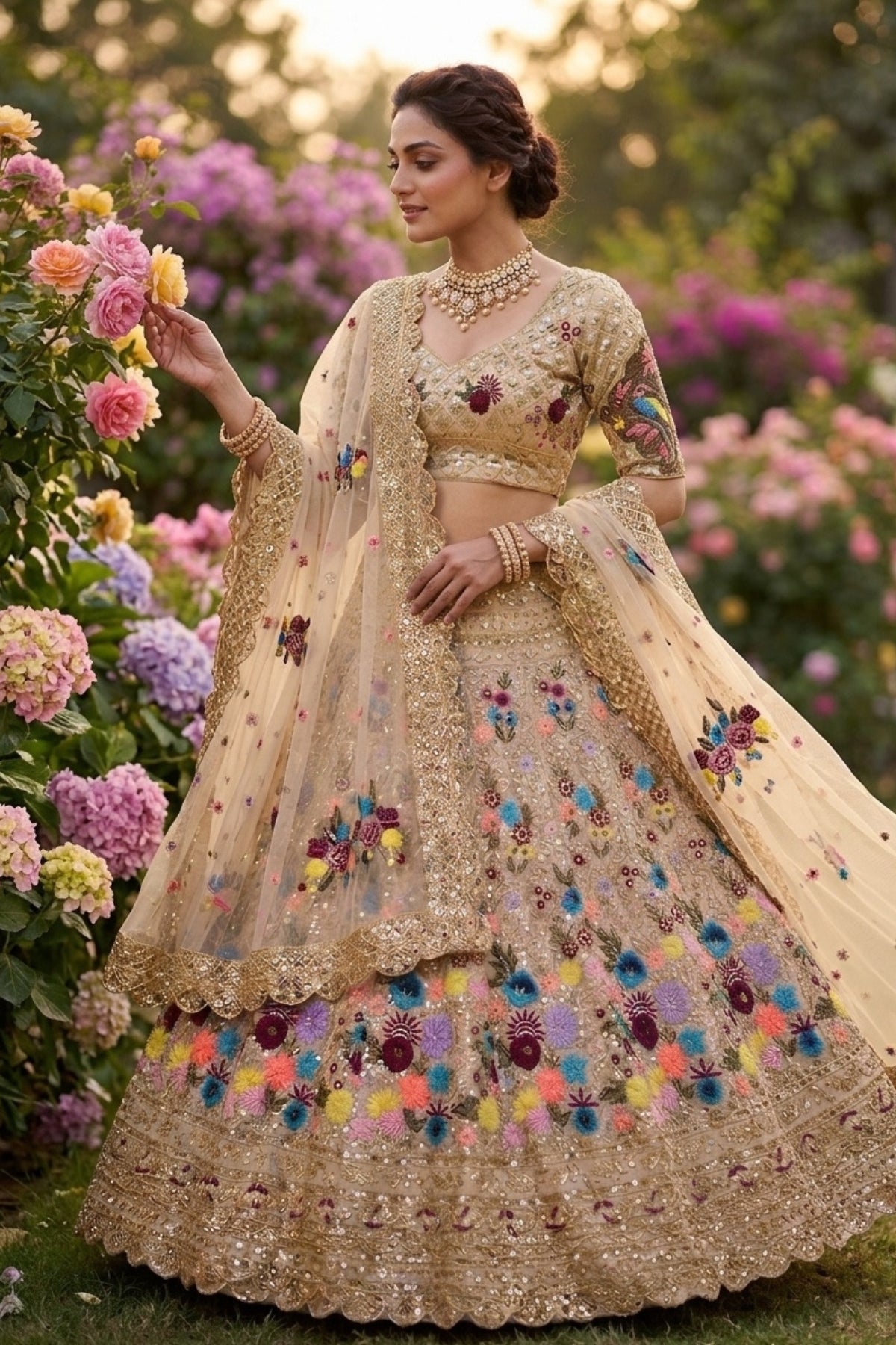 Semi-Stitched Champagne Gold Floral Embroidered Sequins Lehenga