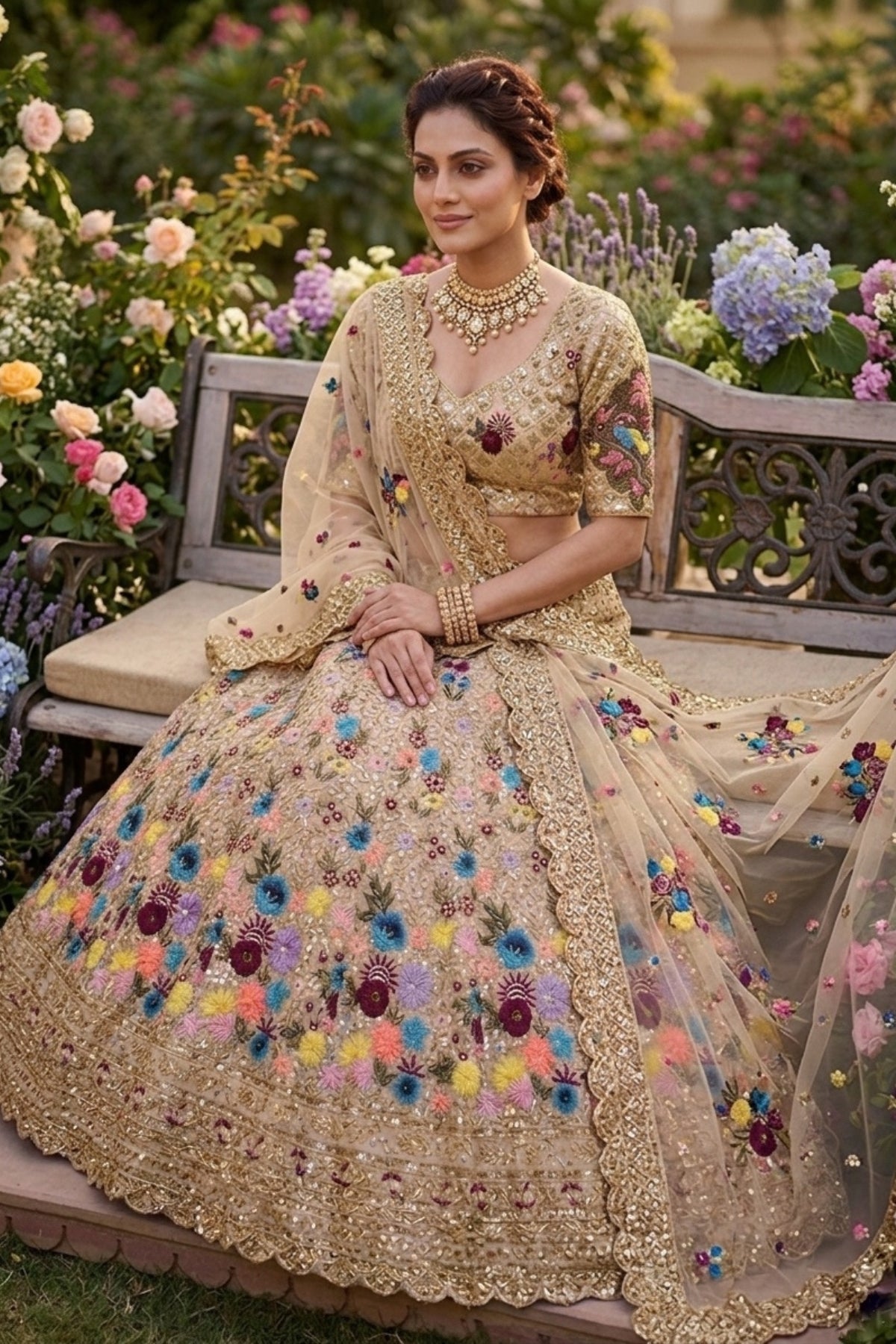 Semi-Stitched Champagne Gold Floral Embroidered Sequins Lehenga