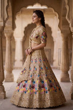 Semi-Stitched Champagne Gold Floral Embroidered Sequins Lehenga