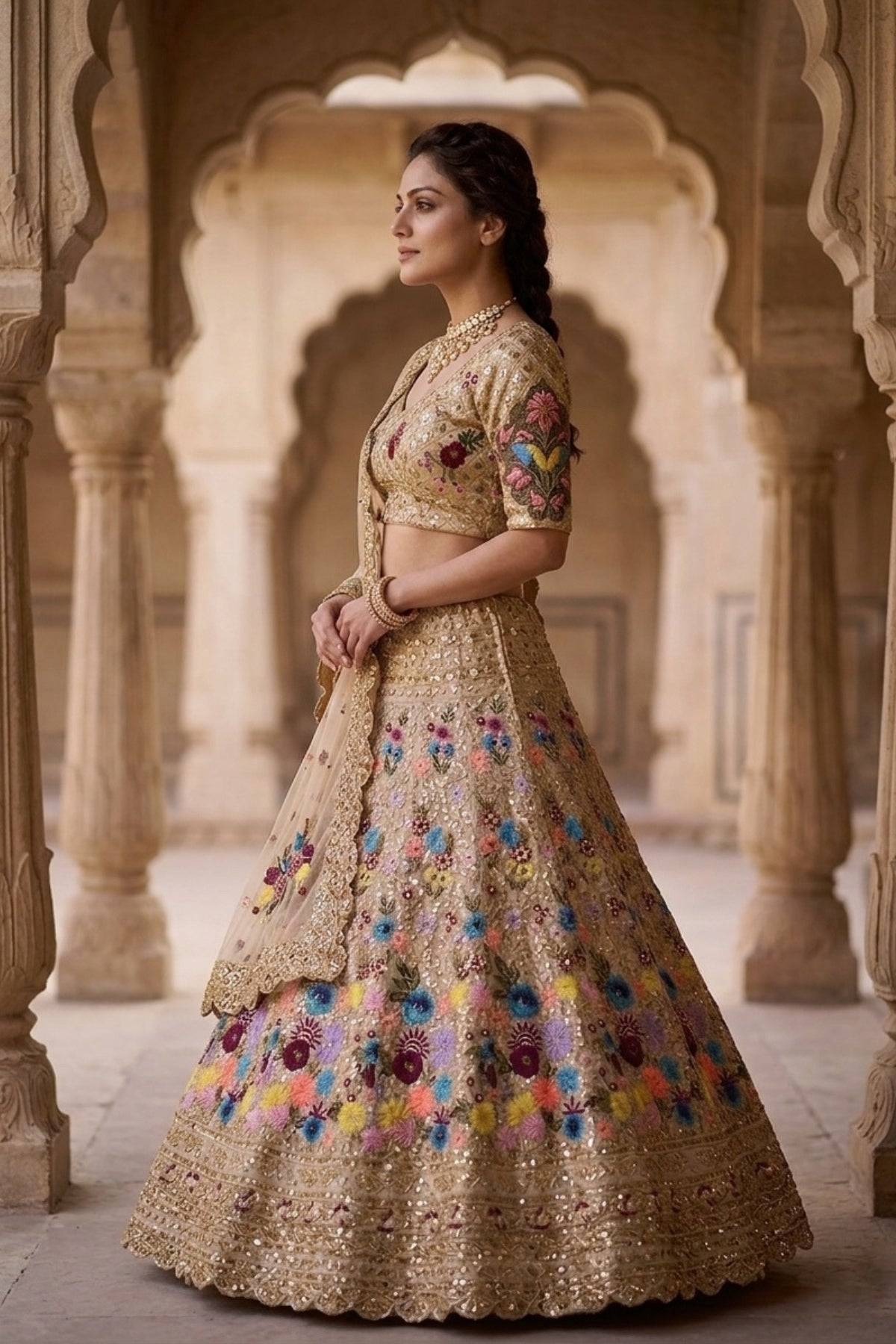 Semi-Stitched Champagne Gold Floral Embroidered Sequins Lehenga
