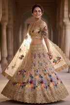 Semi-Stitched Champagne Gold Floral Embroidered Sequins Lehenga